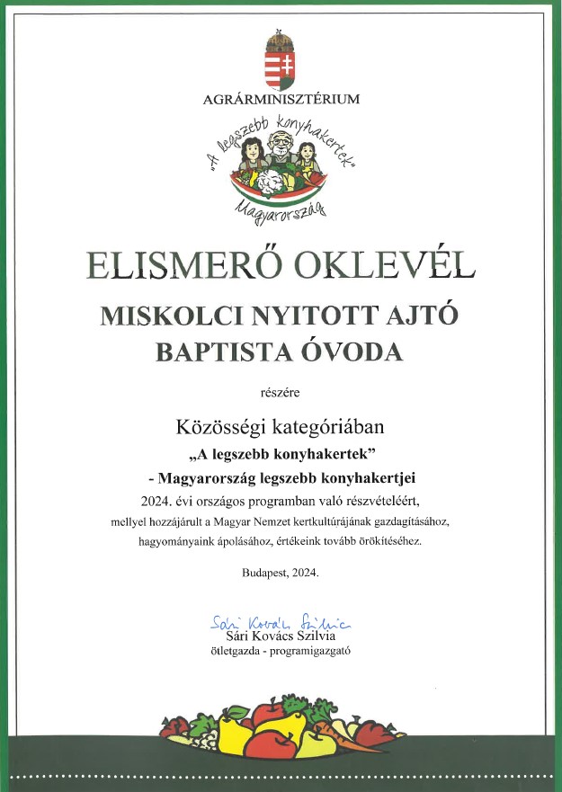 Elismero oklevel legszebb konyhakert OVI 2024